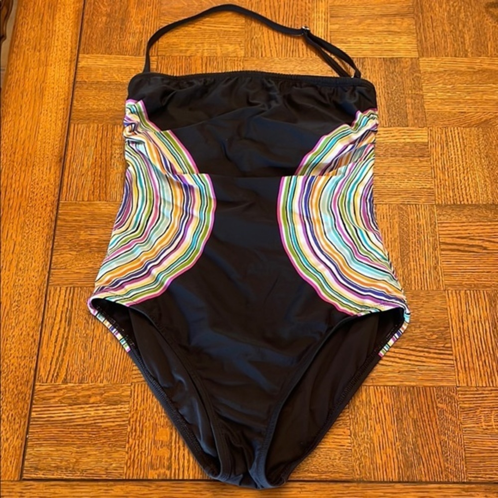 Anne Cole Black Multicolor Striped Women's Swimsuit size 12